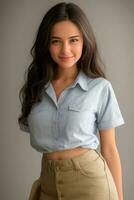 de cerca joven hermosa mujer sonriente y vistiendo azul camisa en gris fondo.generativo ai. foto