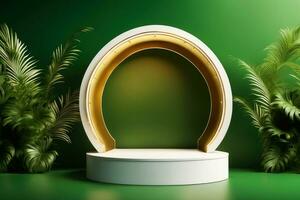Podium with green tropical palm leaves and a golden round.generative ai. photo