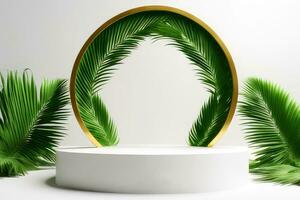 Podium with green tropical palm leaves and a white round.generative ai. photo