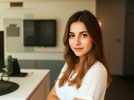 Beautiful smiling woman looking at camera with standing in creative office background.generative ai. photo