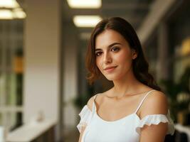 Beautiful smiling woman looking at camera with standing in creative office background.generative ai. photo