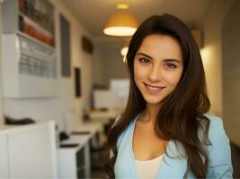 Beautiful smiling woman looking at camera with standing in creative office background.generative ai. photo