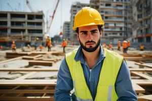 Close-up of young male construction engineer on the construction site.generative ai. photo