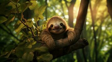 Happy sloth hanging on a tree branch in the jungle at sunset. photo