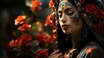 retrato de un hermosa guatemalteco mujer con rojo rosas en su cabello. foto