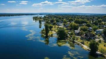 aéreo ver de un pequeño pueblo en el apuntalar de el lago. foto