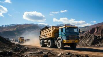 Dump truck in the open pit mining of iron ore and coal. photo