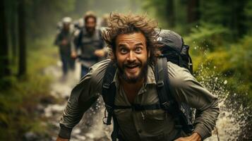 corriendo hombre con un mochila en el antecedentes de el bosque. foto