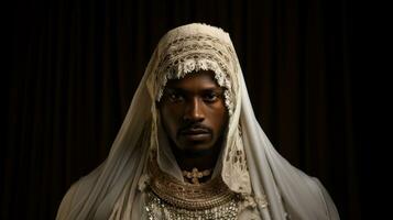 retrato de un hermoso africano hombre en tradicional novia Boda ropa. foto