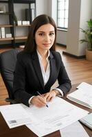 Young business woman in a business suit working in office.Generative AI. photo