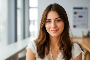 Beautiful smiling woman looking at camera with standing in creative office background.generative ai. photo