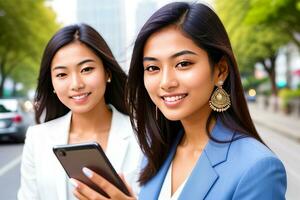 Close-up business woman smiling with smart mobile phonem in hand.generative ai. photo