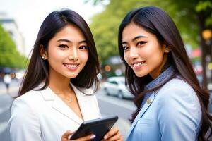 Close-up business woman smiling with smart mobile phonem in hand.generative ai. photo