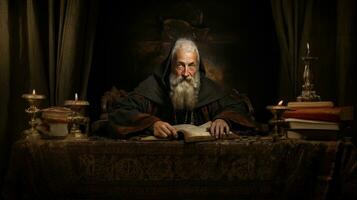 retrato de un antiguo sabio hombre leyendo un libro. oscuro antecedentes. foto