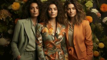 Three beautiful young women posing in a floral studio. Fashion shot. photo