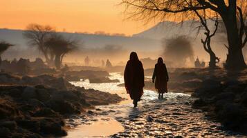 Silhouette of two muslim women walking through africa mud background in Niamey, Niger. photo