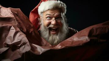 Portrait of happy Santa Claus in eyeglasses looking at camera and laughing. photo