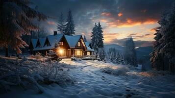 invierno paisaje con un de madera casa en el cárpato montañas a noche. foto