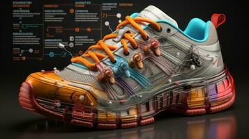 3d illustration of sneakers with infographics on the black background. photo