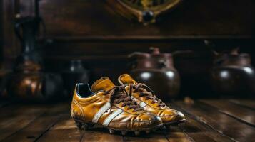 Old sport football shoes on a wooden background. Vintage style soccer boots. photo