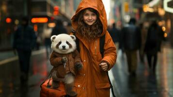 niña en impermeable con panda en el Nueva York calle. foto