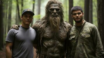 Australian camp man and soldier posing in a forest with a large scary monster. photo