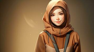 Illustration of asian muslim girl wearing hijab in brown background. photo