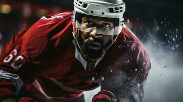 africano americano hockey jugador vestir rojo uniforme en acción en hielo corte. de cerca. foto