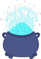 Witch's cauldron, a magic pot for Halloween with a blue potion. Vector steel cauldron with boiling magic brew or steaming slime. An isolated evil item for a wizard, enchantress or sorceress