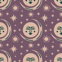 Moon and crescent on a purple background decorated with stars seamless pattern. Vector ornament in reto style.