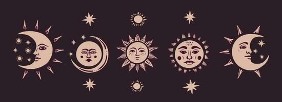 Sun, crescent, moon faces isolated on a dark background. Vector boho illustration.