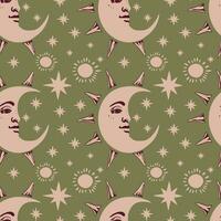 Vector seamless pattern moon with face and stars on a green background.Seamless astrological boho ornament.