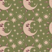 Vector seamless pattern moon with face and stars on a green background.Seamless astrological boho ornament.