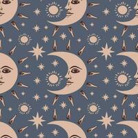Mystical seamless pattern with crescent moon and stars in retro style. vector