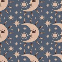 Mystical seamless pattern with crescent moon and stars in retro style. vector