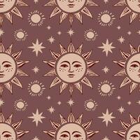 Sun with face and stars seamless pattern.Vector boho ornament. vector