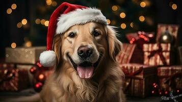 Golden Retriever dog in Santa hat and Christmas gifts on background. photo