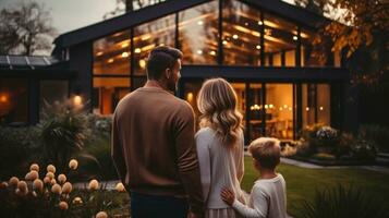 Back view of young family standing in front of new modern hi tech house at night. photo