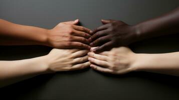 Hands of multiethnic people holding each other on gray background, closeup. Different nationalities fold their handd , symbolizing their unity and support. photo