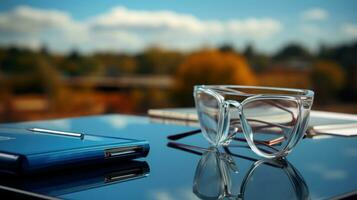 Transparent glasses and notebook on the table in front of blurred nature background. Business and domestic life photo