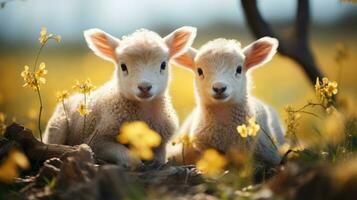 dos linda pequeño corderos sentado en un prado con amarillo flores foto