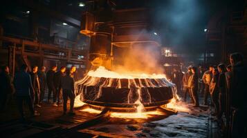 Steelmakers at ingot casting. Metallurgy. photo