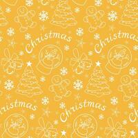 Christmas doodle pattern with traditional items. Christmas tree, gingerbread man, jingle bells, snowman in outline sketchy style. White doodles on yellow background. Winter design for wrapping textile vector