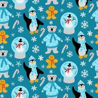 Childish Christmas seamless pattern with polar bear, penguin, snowman and gingerbread man. Funny colored characters in flat cartoon style on blue background. Ideal design for textile, wrapping vector