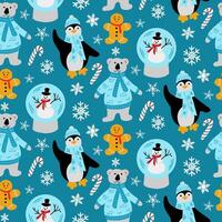 Childish Christmas seamless pattern with polar bear, penguin, snowman and gingerbread man. Funny colored characters in flat cartoon style on blue background. Ideal design for textile, wrapping vector