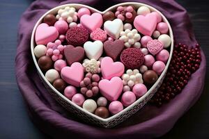 caja de dulces en el forma de un corazón en el de madera mesa. celebrando San Valentín día, de la madre día, internacional De las mujeres día. foto