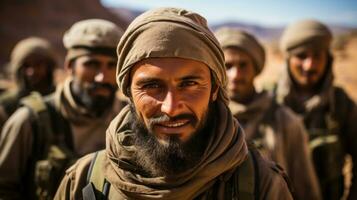 Portrait of a group of Palestine soldiers in the desert. Israel and Palestine war concept. photo