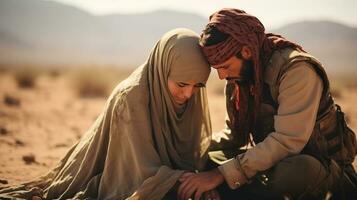 joven triste musulmán Pareja sentado en el suelo en el medio de el desierto. Israel y Palestina guerra concepto. foto