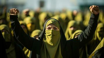 musulmán mujer en tradicional verde ropa en reunión protesta durante un religioso celebracion. Israel y Palestina guerra concepto. foto
