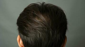 Rear view of asian man with hair loss problem on grey background. photo